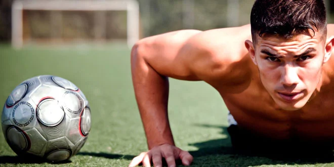 Futbolistas entrenando fuerza y velocidad en campo con conos