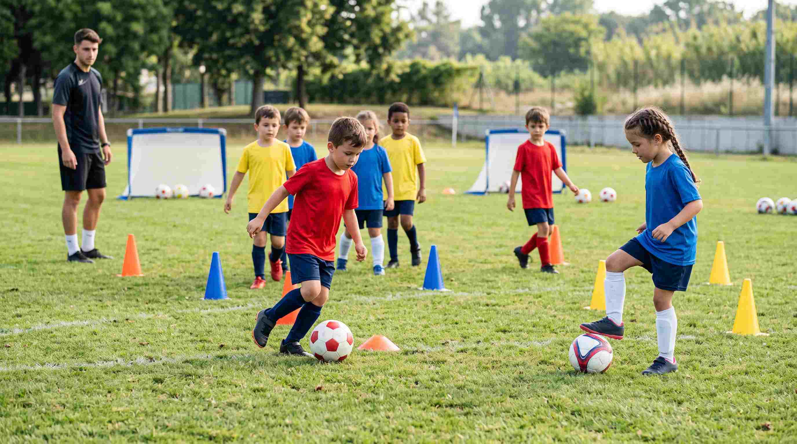 Niños participando en juegos de iniciación al fútbol durante un entrenamiento infantil.